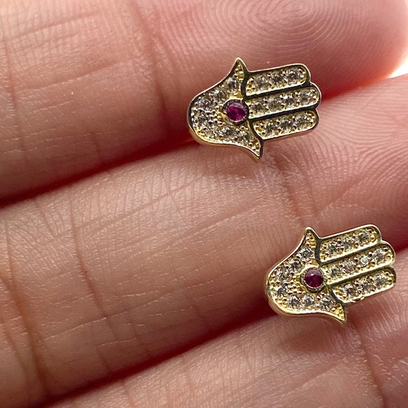 Jewelry - 14kt Gold Hamsa Earrings with rhinestone
